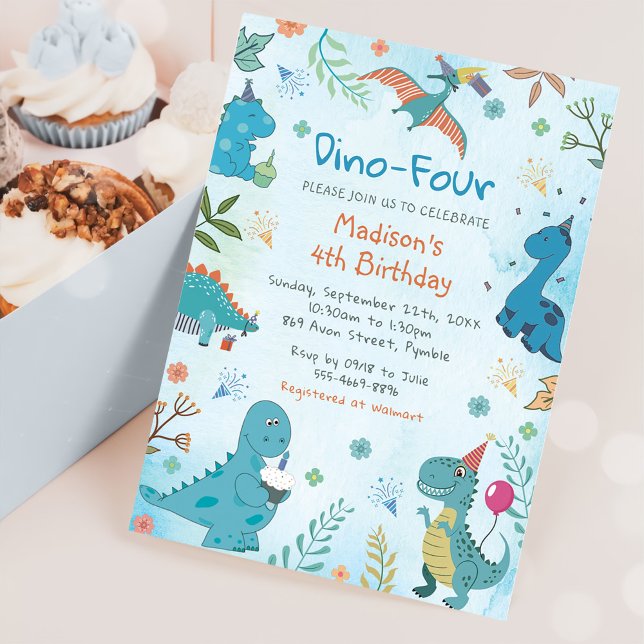 Convite Festa de Quarto Aniversário do Dinossauro Bonito D (Criador carregado)