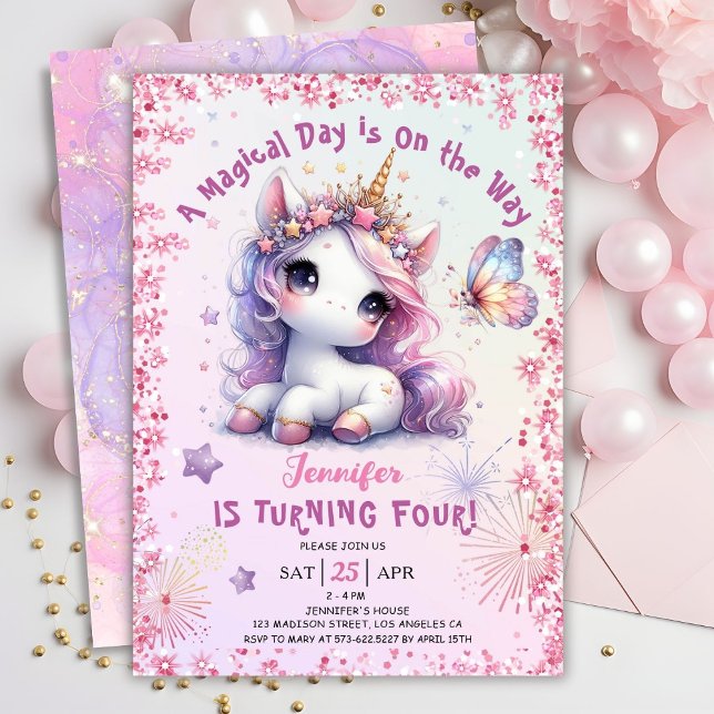 Convite Festa de Quarto Aniversário do Unicórnio Púrpura R (
#UnicornBirthdayInvitation #UnicornBirthdayInvitationTemplate #UnicornBirthdayInvitationEditable 

)