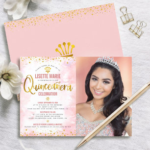 Convite Festa de Quince Anos com Brilho Rosa Dourado