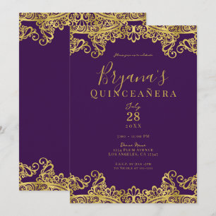 Convite Festa de Quince Anos Elegante com Renda Dourada e