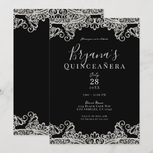 Convite Festa de Quince Anos Elegante com Renda Preta e Pr