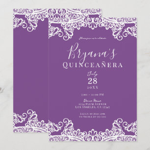Convite Festa de Quince Anos Elegante com Renda Roxa e Bra