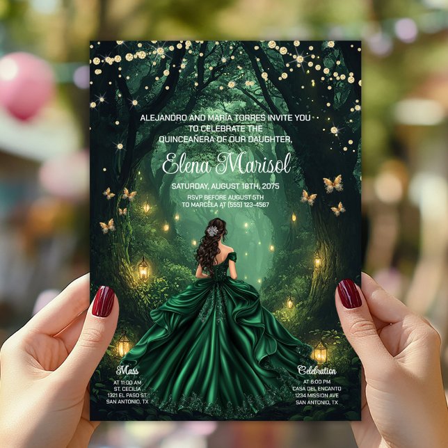 Convite Festa de Quince Anos Floresta Encantada (Enchanted forest Quinceañera invitation with elegant gown, butterflies, lanterns. Add your details.)
