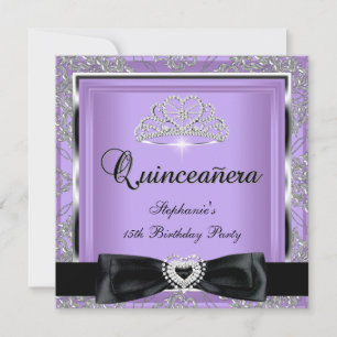 Convite Festa de Quince Anos Lilás Damasco Prata Preto