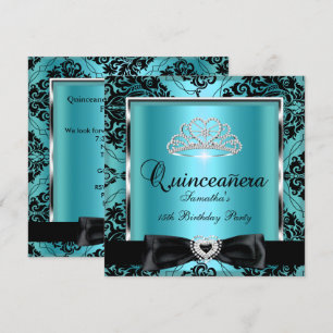Convite Festa de Quinceanera 15º Aniversário Teal Damask P