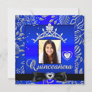 Convite Festa de Quinceanera 15 Anos Azul Prata Damask Fot