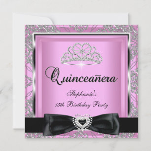 Convite Festa de Quinceanera 15 Anos Rosa Damasco Prata Pr
