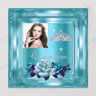 Convite Festa de Quinceanera 15 Anos Rosas Azul Turquesa F