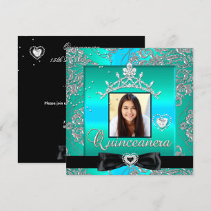 Convite Festa de Quinceanera 15 Anos Teal Prata Damask Fot