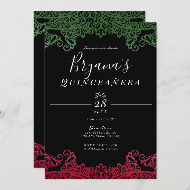 Convite Festa de Quinceañera, 15 Negra Verde e Vermelho (Frente/Verso)