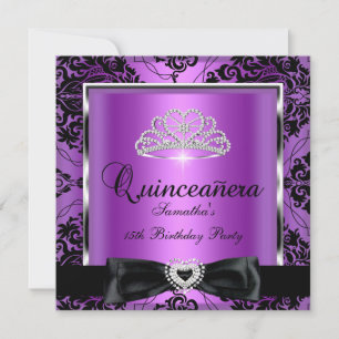 Convite Festa de Quinceanera 15 Roxo Damask Prata Preto
