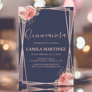 Convite Festa de Quinceanera Azul Dourada Rosa Floral