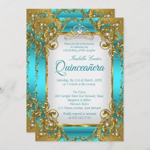 Convite Festa de Quinceanera Blue Teal Ouro Pearl Tiara
