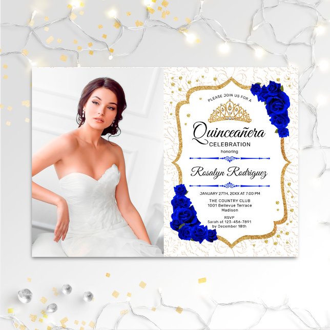 Convite Festa de Quinceanera com Foto - Azul Dourado Branc (Criador carregado)