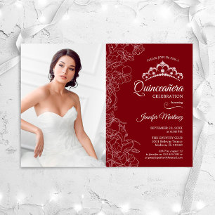 Convite Festa De Quinceanera Com Foto - Floral Branco Verm
