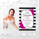 Convite Festa De Quinceanera Com Foto - Prateado Cor-De-Ro<br><div class="desc">Quinceanera convite de festas com sua foto. Apresenta faixas brancas pretas,  fontes de script,  rosas cor-de-rosa fuchsia,  tiara e confetti. Design branco preto clássico,  cor-de-rosa,  com prata brilhante falso. Perfeito para uma celebração elegante.</div>