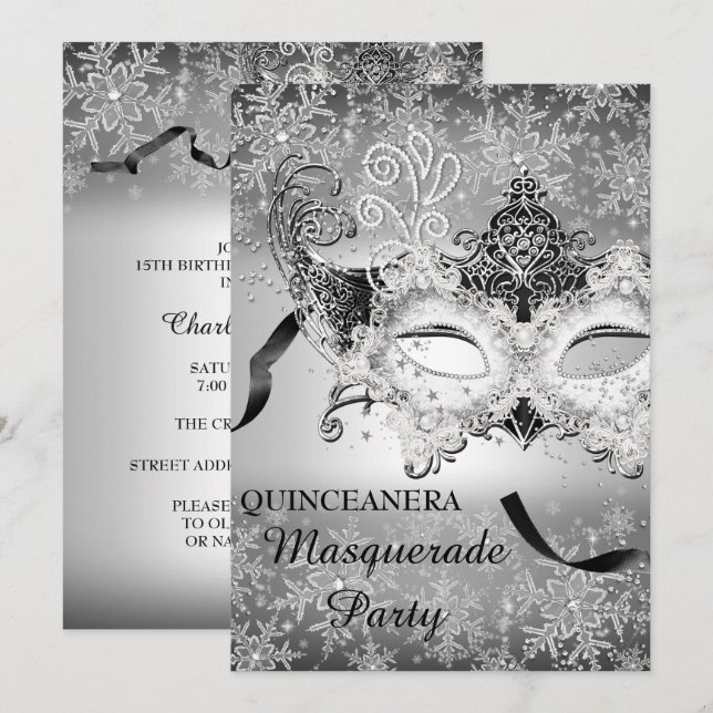 Convite Festa de Quinceanera com Máscara de Floco de Neve  (Frente/Verso)
