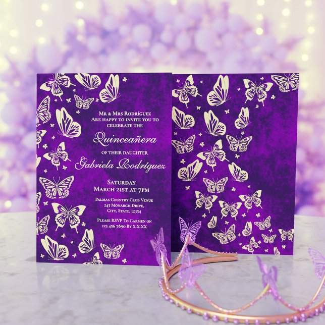 Convite Festa de Quinceanera de Borboleta Dourada e Roxa d (Luxury Purple and Gold Butterfly Quinceanera Party Invitation)