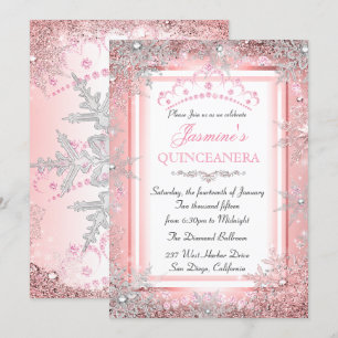 Convite Festa de Quinceanera de Inverno Prateado Rosa