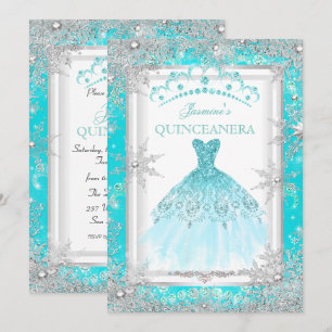 Convite Festa de Quinceanera de Inverno Prateado Turquesa