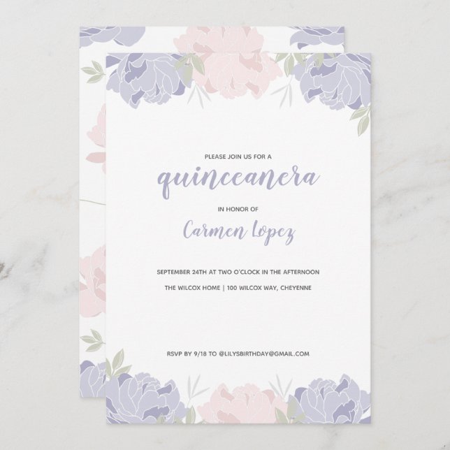 Convite Festa de Quinceanera de Penas Rosa e Púrpura (Frente/Verso)