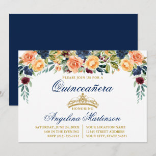 Convite Festa de Quinceanera Floral Azul Dourada