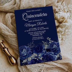 Convite Festa de Quinceanera Floral Azul Marinho e Prata