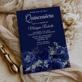 Convite Festa de Quinceanera Floral Azul Marinho e Prata