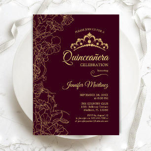 Convite Festa de Quinceanera Floral Burgundy Dourado
