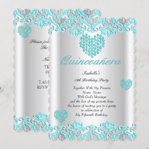 Convite Festa de Quinceanera Lindos Corações de Renda Azul
