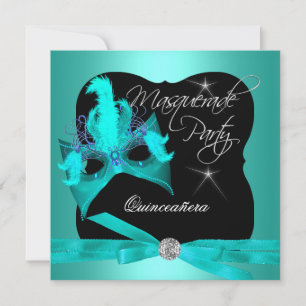 Convite Festa de Quinceanera Mascarada Azul Teal Preto