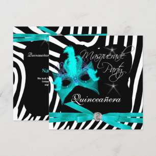 Convite Festa de Quinceanera Mascarada Zebra Azul Teal