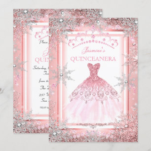 Convite Festa de Quinceanera Pink Silver Winter Wonderland