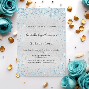 Convite Festa de Quinceanera prata azul glitter inverno