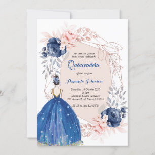 Convite Festa de Quinceañera Princesa Azul Marinho em Espa