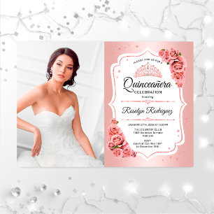 Convite Festa de Quinceanera Rosa Dourada com Foto