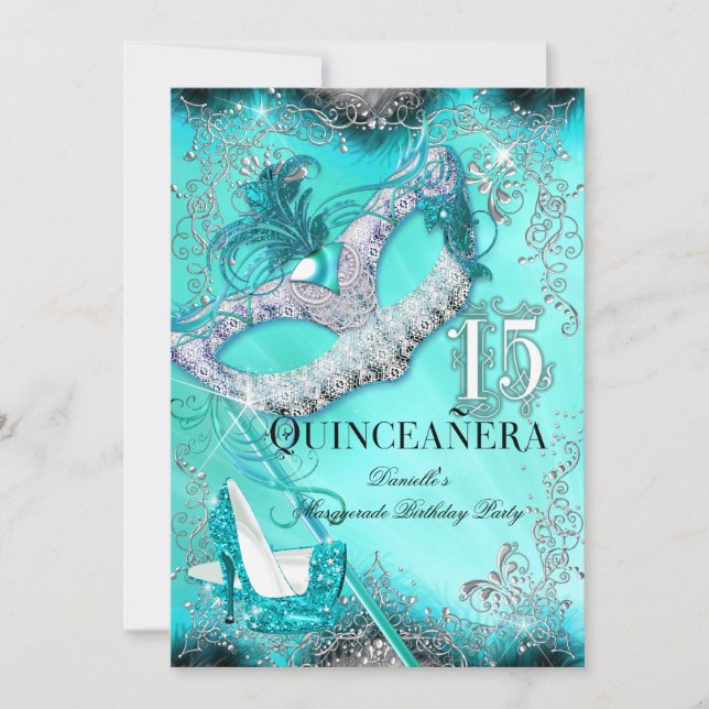 Convite Festa de Quinceanera Teal Silver Masquerade de Ani (Frente)