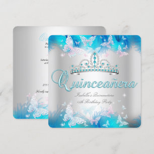 Convite Festa de Quinceanera Tiara Borboleta Rosa Azul Tur