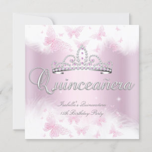 Convite Festa de Quinceanera Tiara Rosa Branca Borboleta