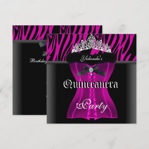 Convite Festa de Quinceanera Tiaro Preto Zebra Corset Rosa