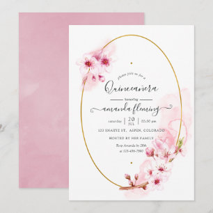 Convite Festa de Quinze Anos com Flor de Cerejeira Rosa na
