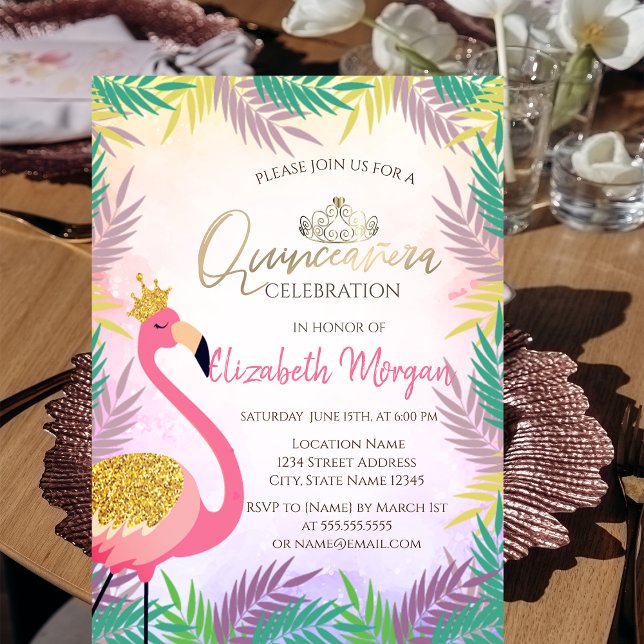 Convite Festa de Quinze Anos do Flamingo Rosa Folha Tropic (Criador carregado)