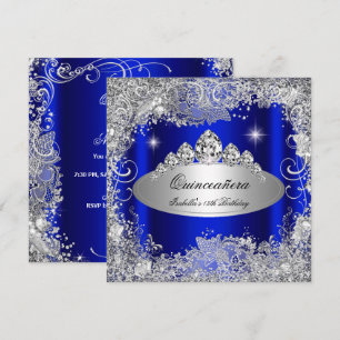 Convite Festa de Quinze Anos Tiara Azul Royal Prata