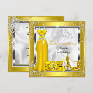 Convite Festa de Quinze Anos Vestido Amarelo Dourado Prata