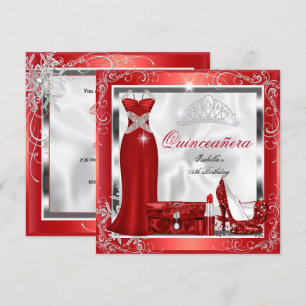 Convite Festa de Quinze Anos Vestido Prata Vermelho Saltos