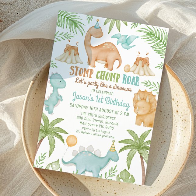 Convite Festa De Raiz De Chomp Azul Como O Aniversário De  (Cute Boys Dinosaur Themed Birthday Invitation Stomp Chomp Roar Party Like Dinosaur 1st Birthday)