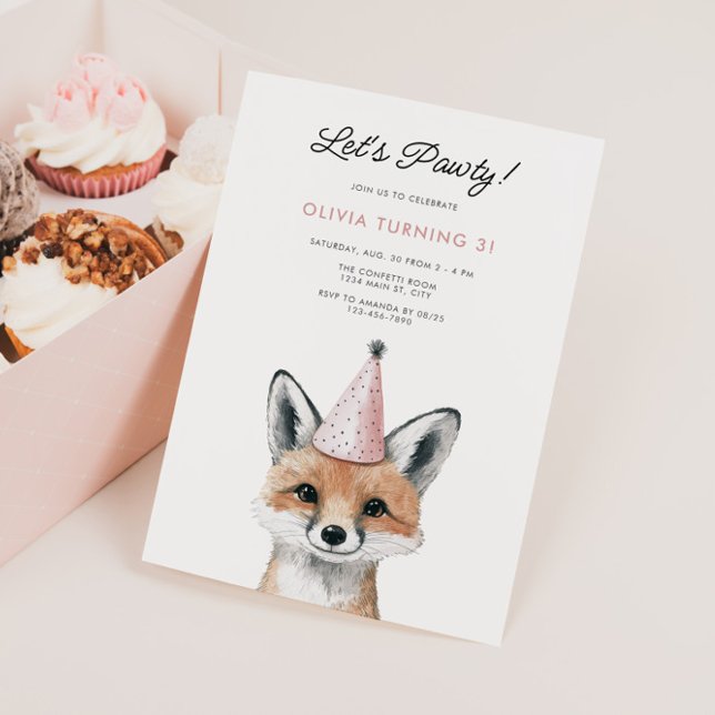 Convite Festa de Raposa Cachorada Aniversário do Woodland (Party Animal Fox Birthday Invite)