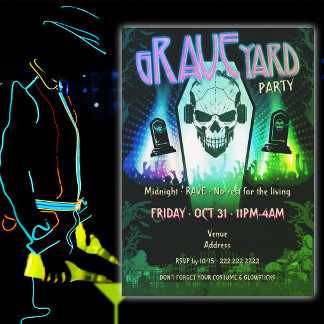 Convite Festa de Rave no Cemitério com Crânio Neon no Carn