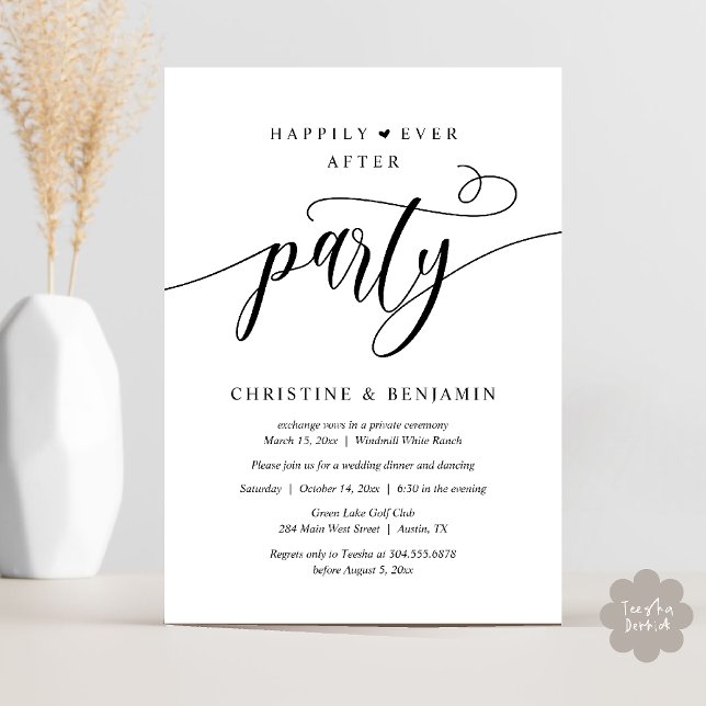 Convite Festa de Recepção Moderna Boho Felizes para Sempre (Modern Boho Happily Ever After Reception Party Invitation card PDF in black and white)