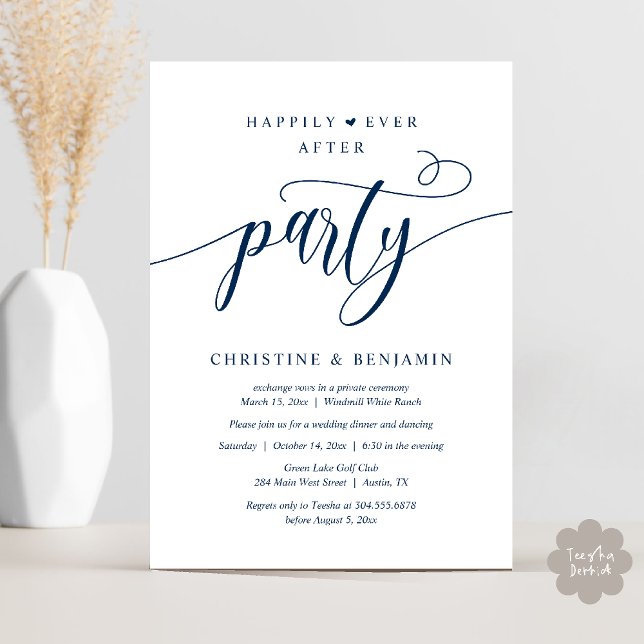 Convite Festa de Recepção Moderna Boho Felizes para Sempre (Modern Boho Happily Ever After Reception Party Invitation card PDF in navy blue)